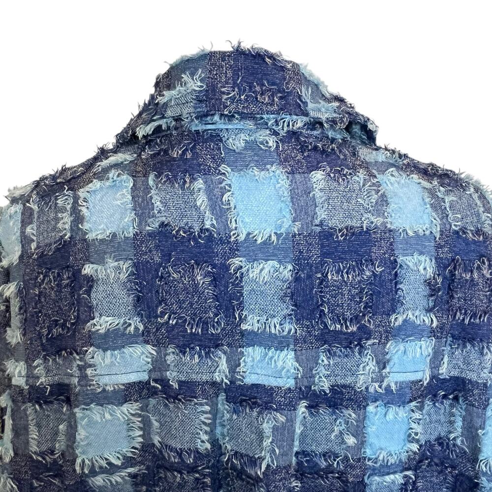White Birch Jacket Crop Top Large Blue Patchwork Plaid Eyelash Button Up - Picture 7 of 10